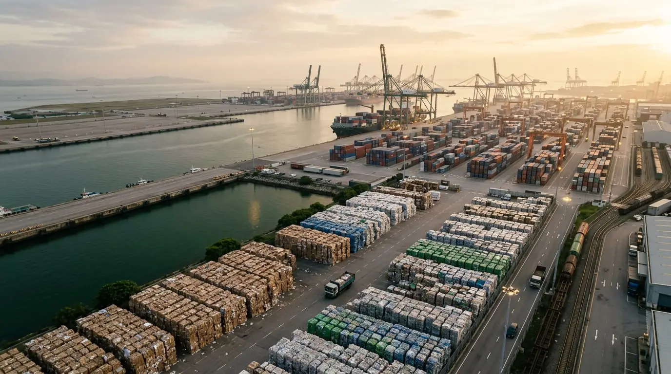 Aerial view of recovered paper and plastic bales stacked beside a container port at sunrise