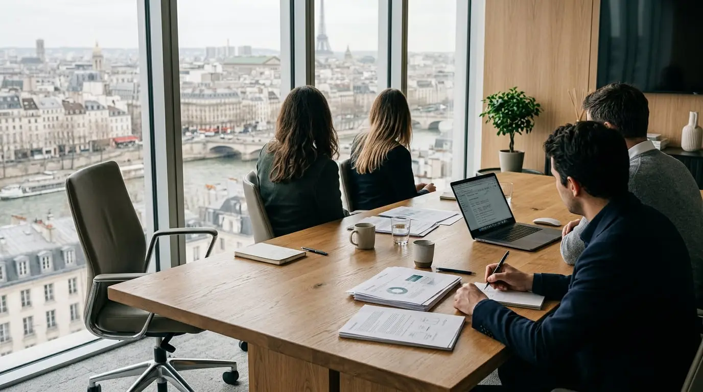 Modern meeting room overlooking a European city