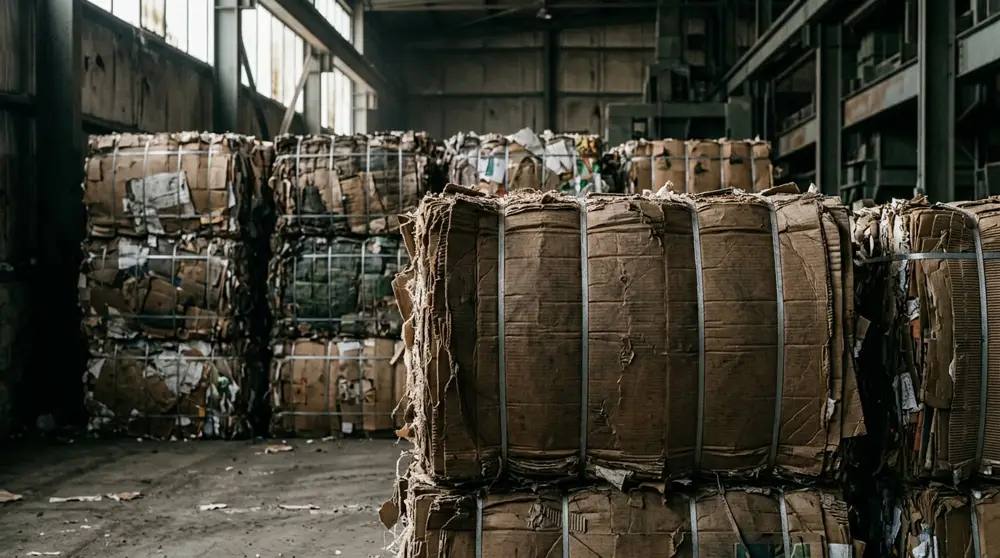 Bales of recovered corrugated cardboard stacked in a warehouse