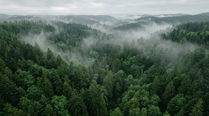 Misty green forest canopy seen from above